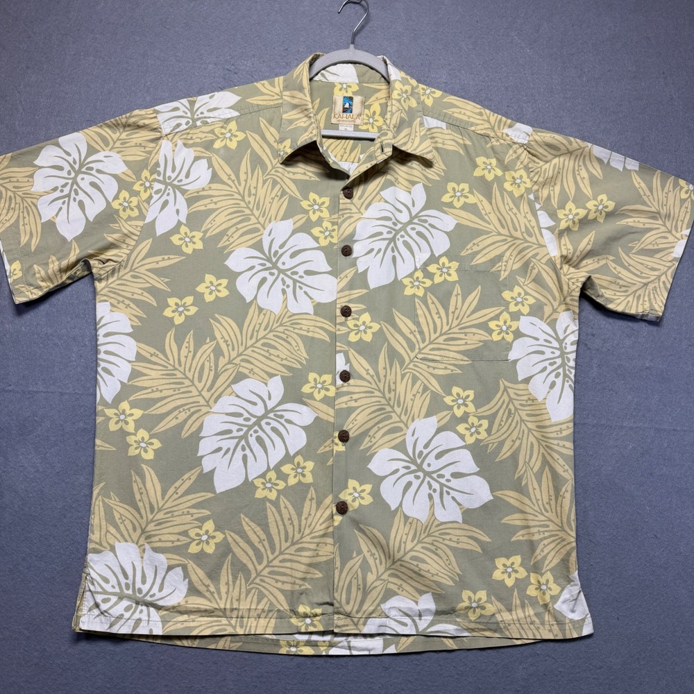 Kahala Mens XL Hawaiian Shirt Olive Green Monstera Floral Cotton Made in Hawaii